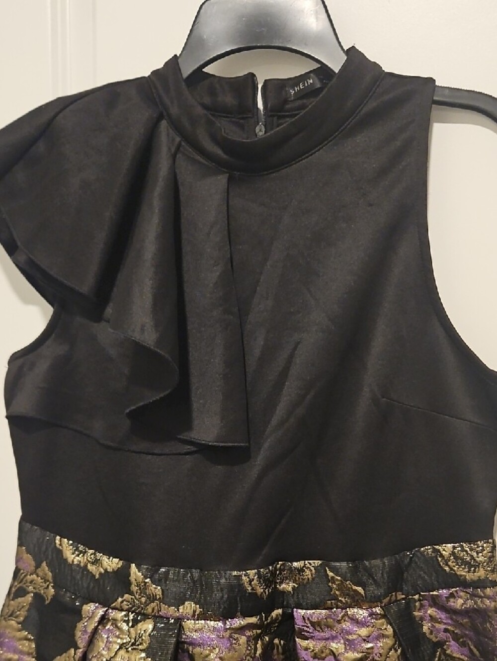 Womens Black, Purple and Gold Floral Party Dress with Ruffle Neck - Picture 2 of 6